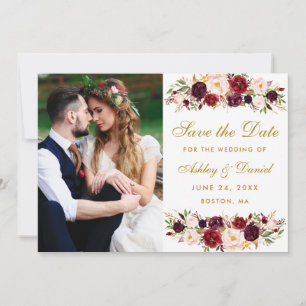 Burgundy Floral Foto Gold Save the Date W