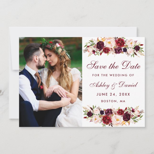 Burgundy Floral Foto Save the Date (Vorderseite)