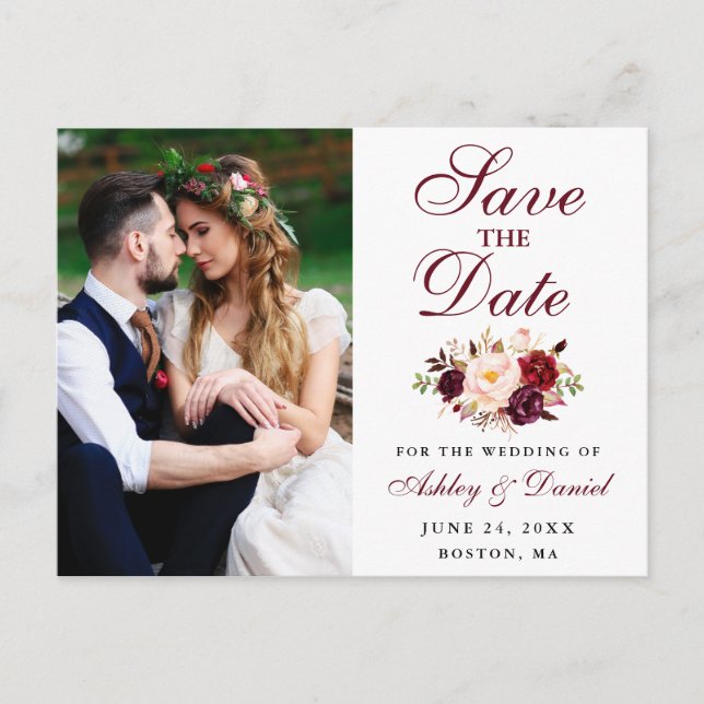 Burgundy Floral Foto Save the Date Postkarte (Vorderseite)