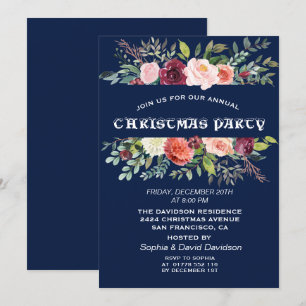 Burgundy Floral Frame Dark Blue Christmas Party Einladung