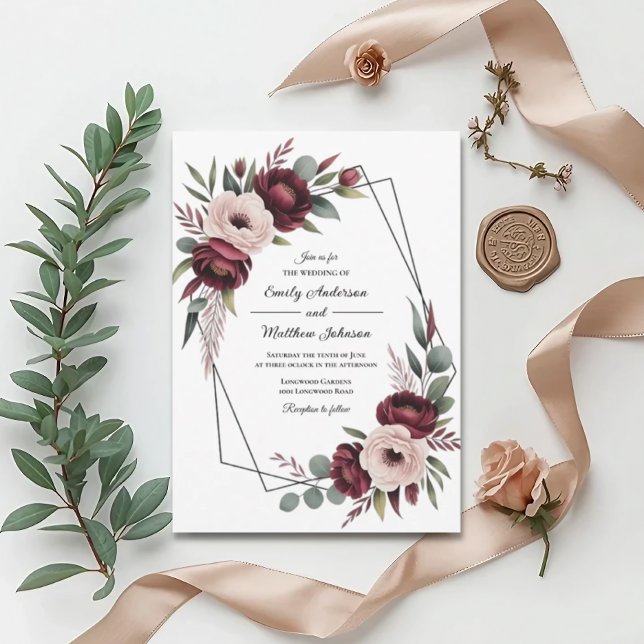 Burgundy Floral Frame Wedding Invitation (Créateur téléchargé)