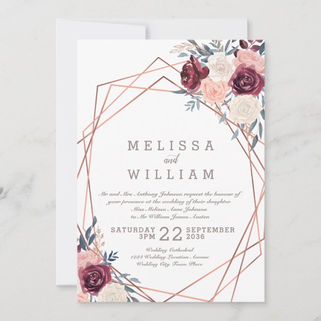 Burgundy Floral Geometric Copper Elfenbeinhochzeit Einladung (Vorderseite)