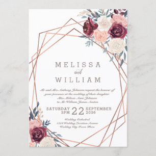 Burgundy Floral Geometric Copper Elfenbeinhochzeit Einladung
