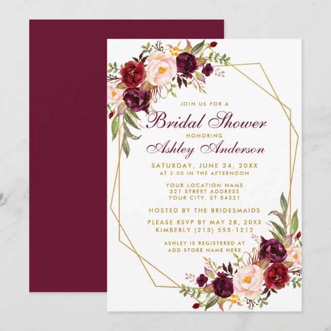 Burgundy Floral Geometric Gold Brautparty Einladung (Vorne/Hinten)