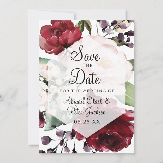 Burgundy Floral Geometric Hexagon Vellum Save The Date (Vorderseite)