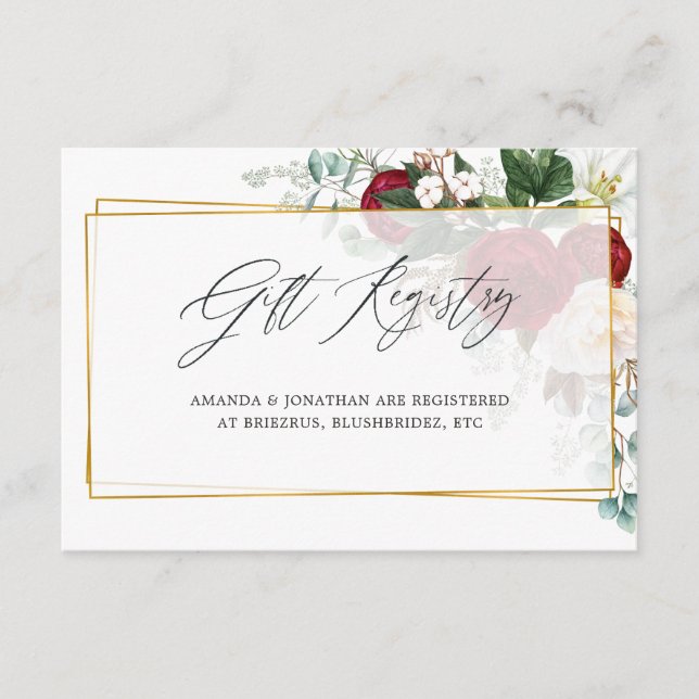 Burgundy Floral Geometric Wedding Gift Registry Begleitkarte (Vorderseite)