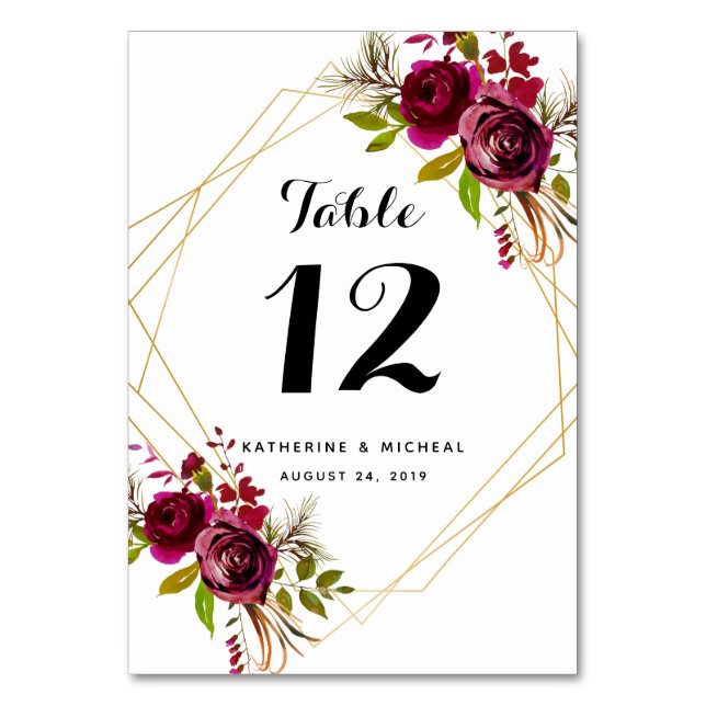 Burgundy Floral Geometric Wedding Tischnummern (Vorderseite)