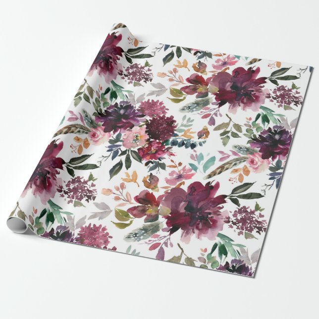 Burgundy Floral Geschenkpapier (Ungerollt)