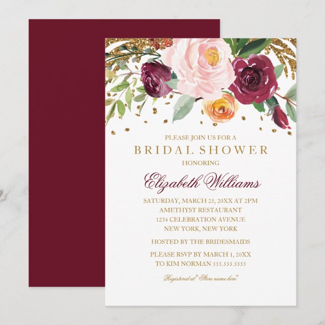 Burgundy Floral Glitzer Sparkling Brautparty Einladung (Vorne/Hinten)