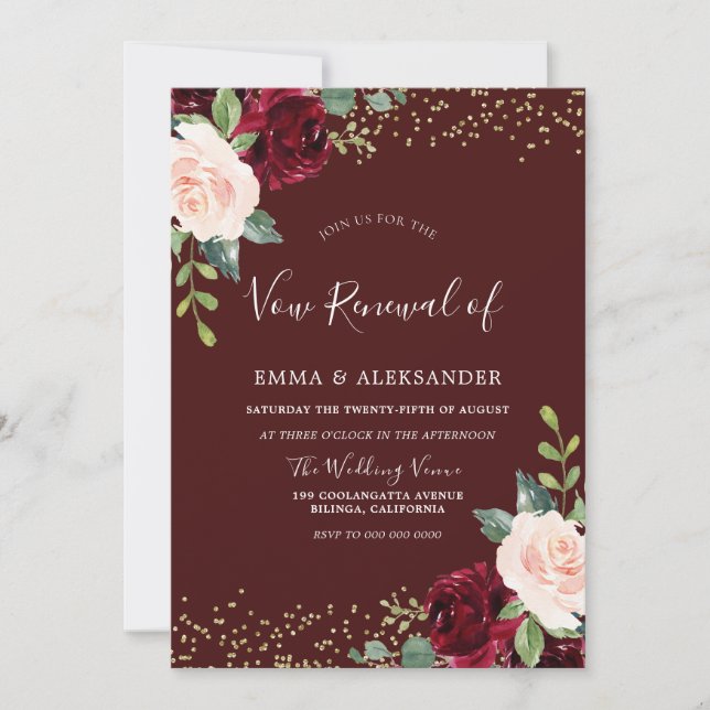 Burgundy Floral Glitzer Vow Erneuerbare Einladung (Vorderseite)