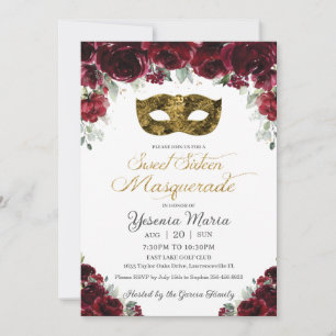 Burgundy Floral Gold 16 . Geburtstag Maskenmaske Einladung