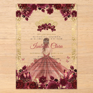 Burgundy Floral Gold Arch Prinzessin Quinceanera Acryleinladungen