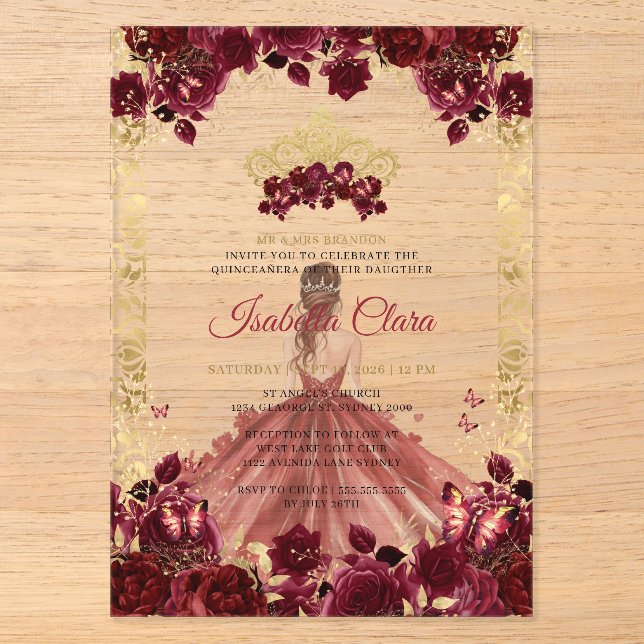 Burgundy Floral Gold Arch Prinzessin Quinceanera Acryleinladungen (Vorderseite)