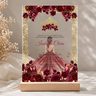 Burgundy Floral Gold Arch Prinzessin Quinceanera Acryleinladungen