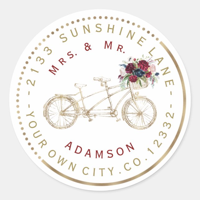 Burgundy Floral Gold Bike Circle Address Label Runder Aufkleber (Vorderseite)