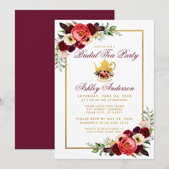 Burgundy Floral Gold Boho Brautparty Tee Party Einladung (Vorne/Hinten)