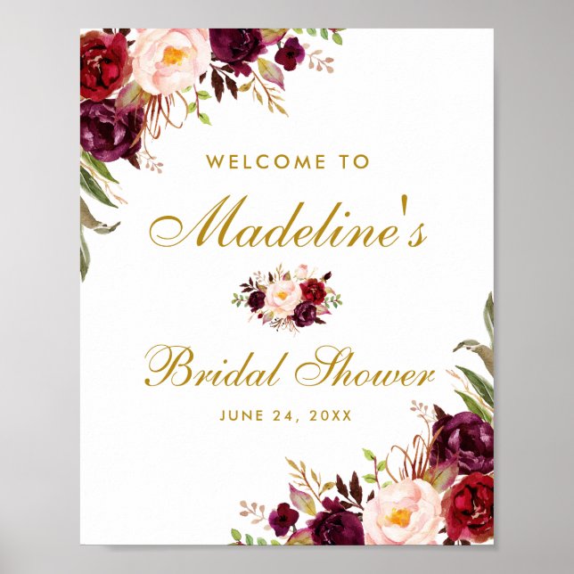 Burgundy Floral Gold Brautparty Willkommen Poster (Vorne)
