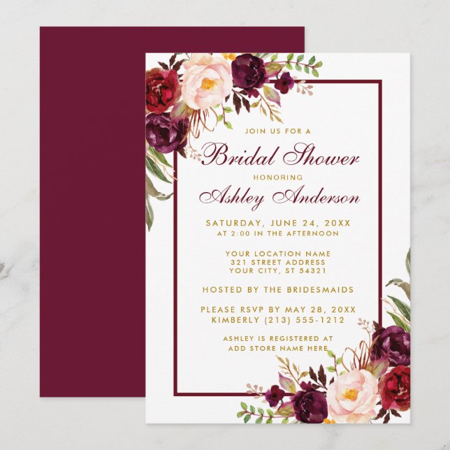 Burgundy Floral Gold Bridal Dusche Einladung BF (Vorne/Hinten)