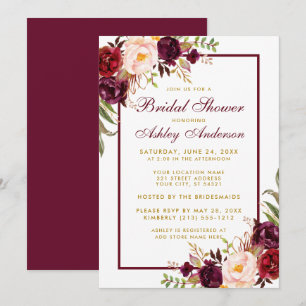 Burgundy Floral Gold Bridal Dusche Einladung BF