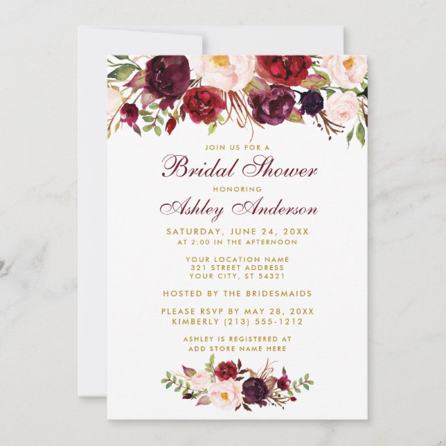 Burgundy Floral Gold Bridal Dusche Einladung BW (Vorderseite)