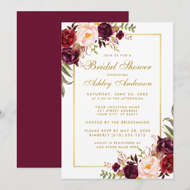 Burgundy Floral Gold Bridal Dusche Einladung GB (Vorne/Hinten)