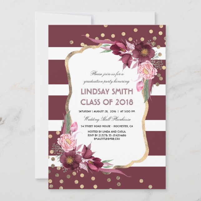 Burgundy Floral Gold Confetti Graduation Party Einladung (Vorderseite)