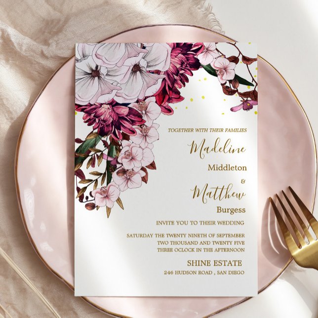 Burgundy Floral Gold Elegante schicke Hochzeit Einladung (Von Creator hochgeladen)