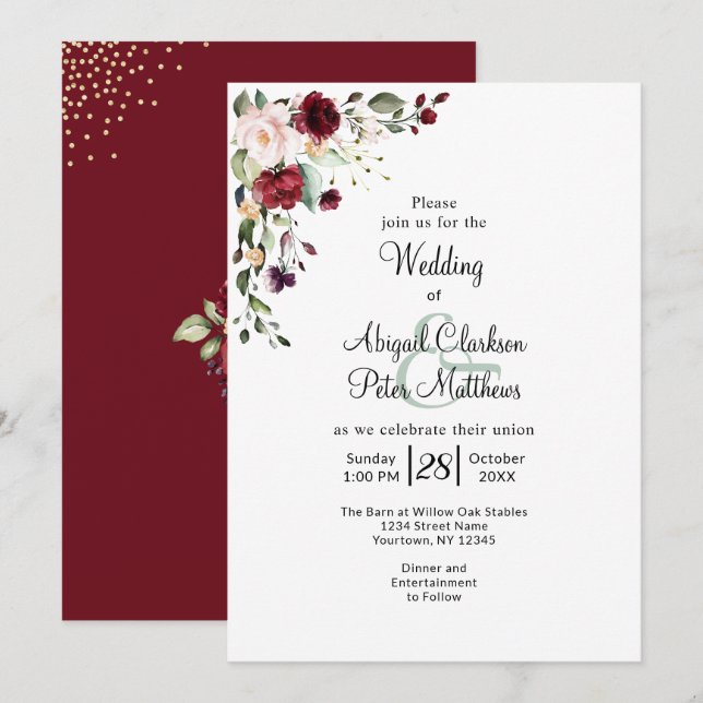 Burgundy Floral Gold Foil Einladung (Vorne/Hinten)