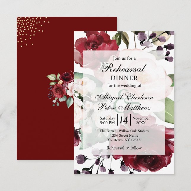 Burgundy Floral Gold Foil Hochzeit Probe Dinner Einladung (Vorne/Hinten)