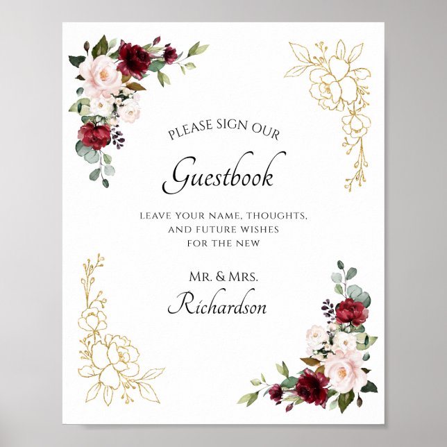 Burgundy Floral Gold Foil Unterschreiben unser Gäs Poster (Vorne)