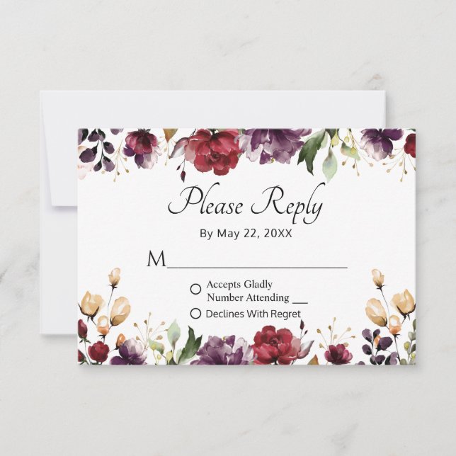 Burgundy Floral Gold Foil Wedding Bitte beantworte RSVP Karte (Vorderseite)