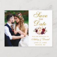 Burgundy Floral Gold Foto Save the Date