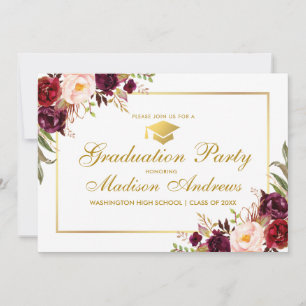 Burgundy Floral Gold Frame Graduation Party einlad Einladung