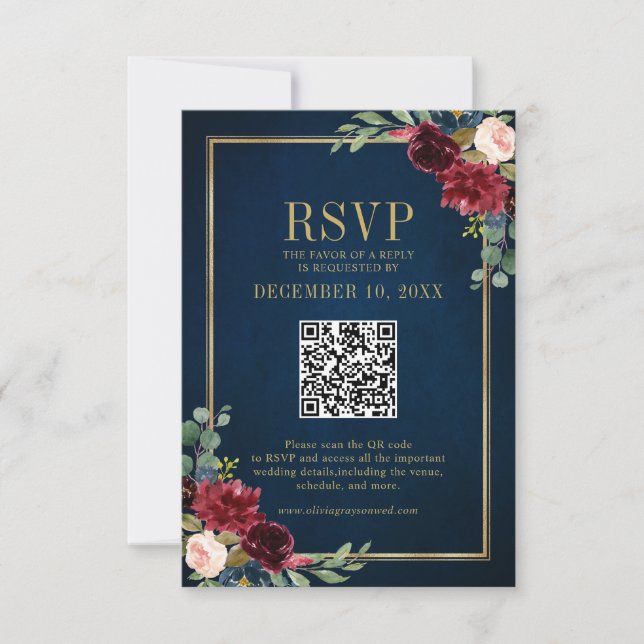 Burgundy Floral Gold Frame Navy Blue QR Code UAWG RSVP Karte (Vorderseite)