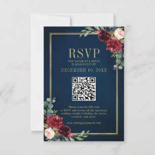 Burgundy Floral Gold Frame Navy Blue QR Code UAWG RSVP Karte
