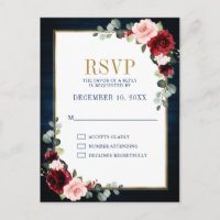Burgundy Floral Gold Frame Navy Blue Wedding Postc