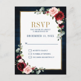 Burgundy Floral Gold Frame Navy Blue Wedding Postc Postkarte