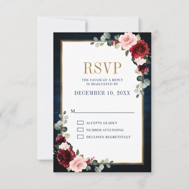 Burgundy Floral Gold Frame Navy Blue Wedding RSVP (Vorderseite)