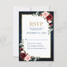 Burgundy Floral Gold Frame Navy Blue Wedding RSVP