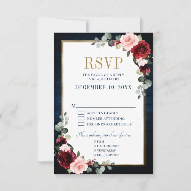 Burgundy Floral Gold Frame Navy Blue Wedding RSVP (Vorderseite)