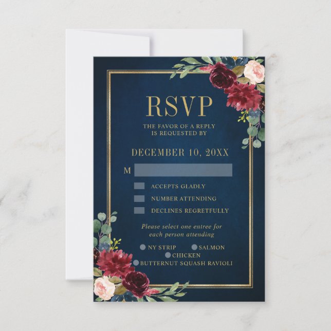 Burgundy Floral Gold Frame Navy Wedding RSVP Karte (Vorderseite)