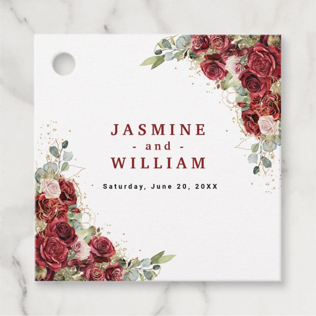 Burgundy Floral Gold Geometric Wedding Geschenkanhänger (Vorderseite)