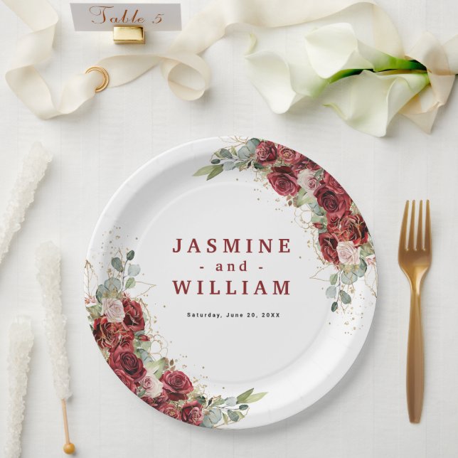 Burgundy Floral Gold Geometric Wedding Pappteller (Hochzeit)
