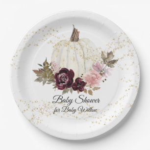 Burgundy Floral Gold Glitzer Baby Duschkopf Pappteller