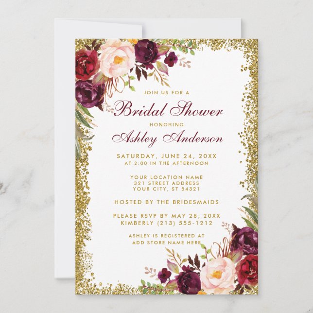 Burgundy Floral Gold Glitzer Brautparty laden Einladung (Vorderseite)