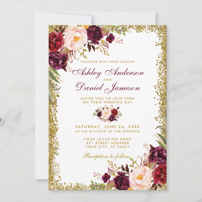 Burgundy Floral Gold Glitzer Einladung zur Hochzei (Vorderseite)