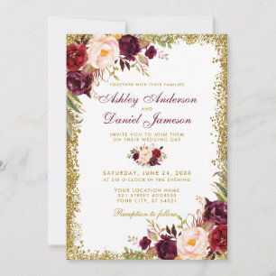 Burgundy Floral Gold Glitzer Einladung zur Hochzei
