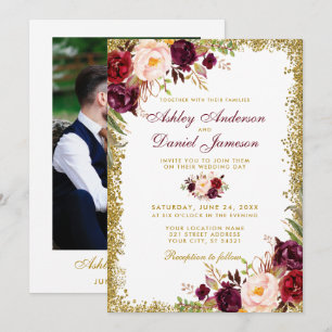 Burgundy Floral Gold Glitzer Foto Wedding Einladung