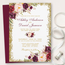 Burgundy Floral Gold Glitzer Hochzeitseinladung B