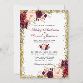 Burgundy Floral Gold Glitzer Hochzeitseinladung GB Einladung